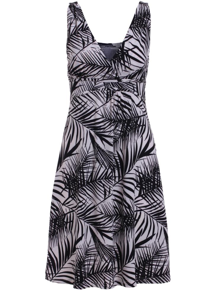 Romwe Deep V Neck Leaves Print Dress