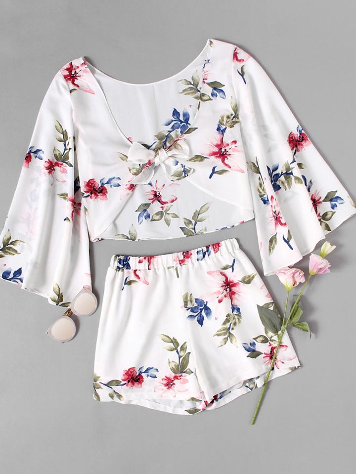 Romwe Bell Sleeve Floral Print Knot Top With Shorts