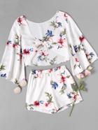 Romwe Bell Sleeve Floral Print Knot Top With Shorts