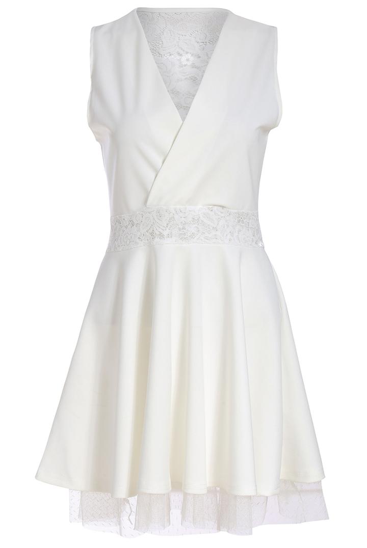 Romwe V Neck Sleeveless Lace Pleated Dress