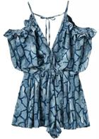 Romwe Off The Shoulder Ruffle Elastic Waist Dark Blue Dress