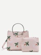 Romwe Palm Tree Print Pu Shoulder Bag With Clutch