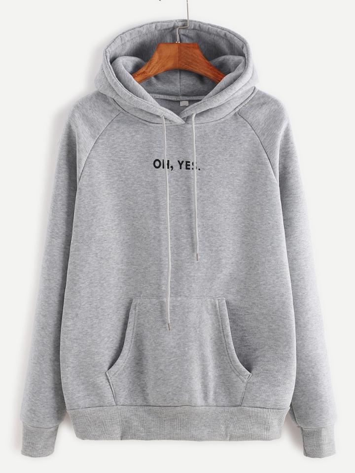 Romwe Heather Grey Letter Print Hooded Raglan Sleeve Sweatshirt