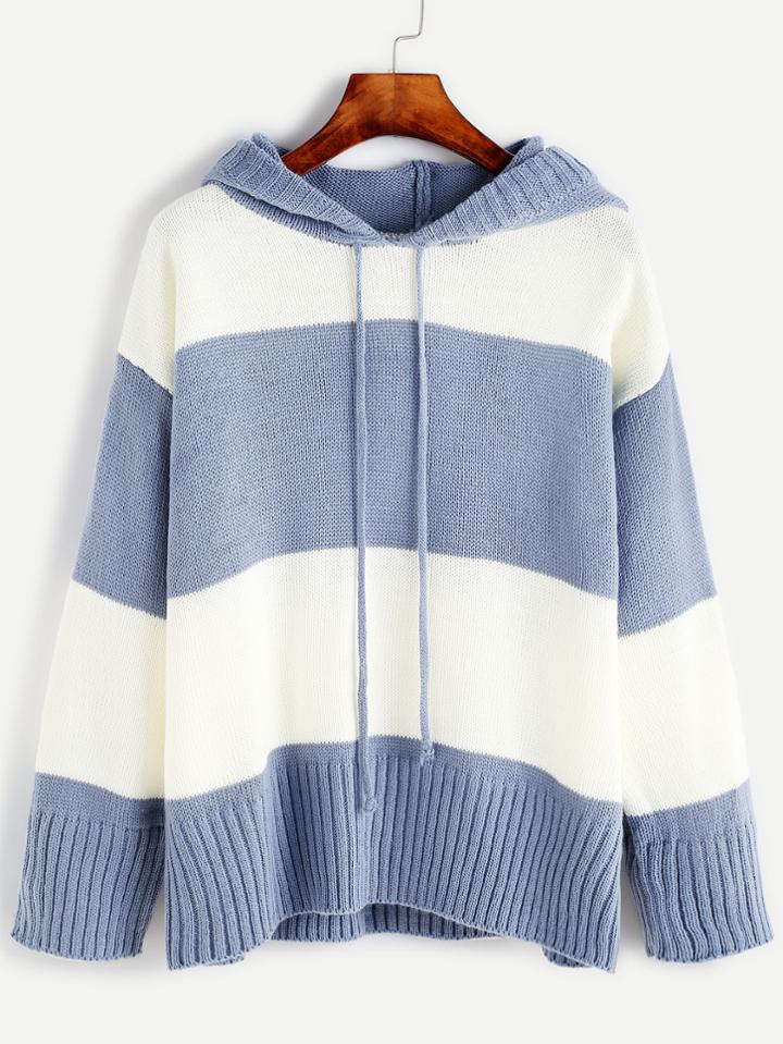 Romwe Wide Striped Drop Shoulder Drawstring Hooded Sweater