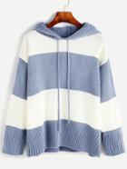 Romwe Wide Striped Drop Shoulder Drawstring Hooded Sweater