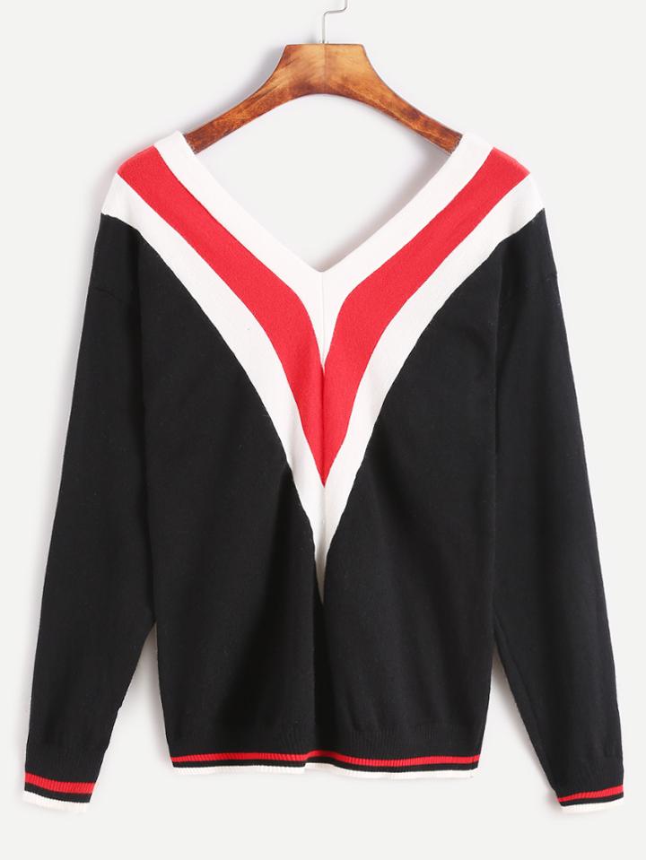 Romwe Black Contrast Striped Trim Double V Neck Sweater