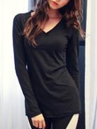 Romwe V Neck Long Sleeve Black T-shirt