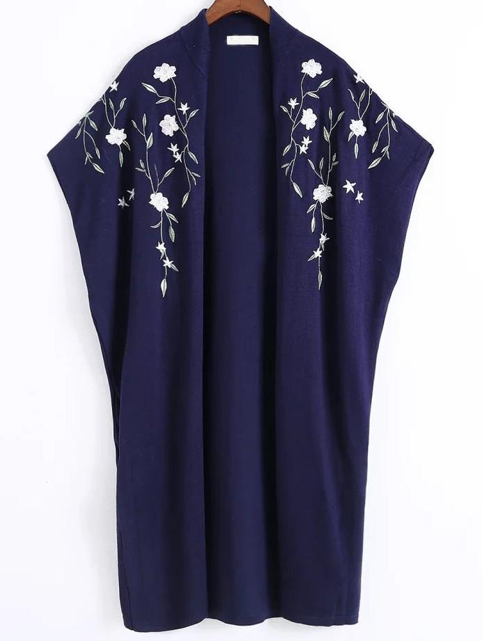 Romwe Navy Floral Embroidery Poncho Sweater