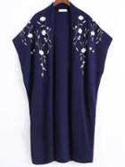 Romwe Navy Floral Embroidery Poncho Sweater