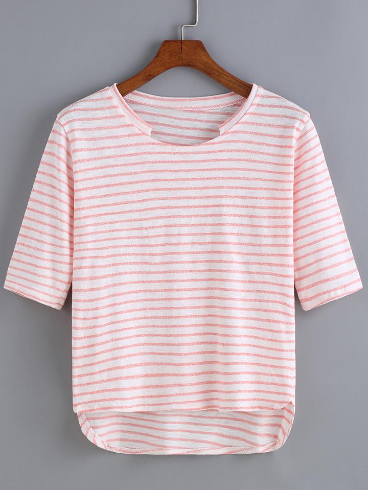 Romwe Half Sleeve Dip Hem Striped T-shirt