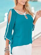Romwe Contrast Binding Slit Sleeve Strappy Blouse - Blue