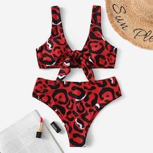 Romwe Leopard Tie Front Top With High Waist Bikini