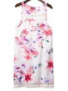 Romwe Multicolor Keyhole Back Lace Trim Floral Print Dress