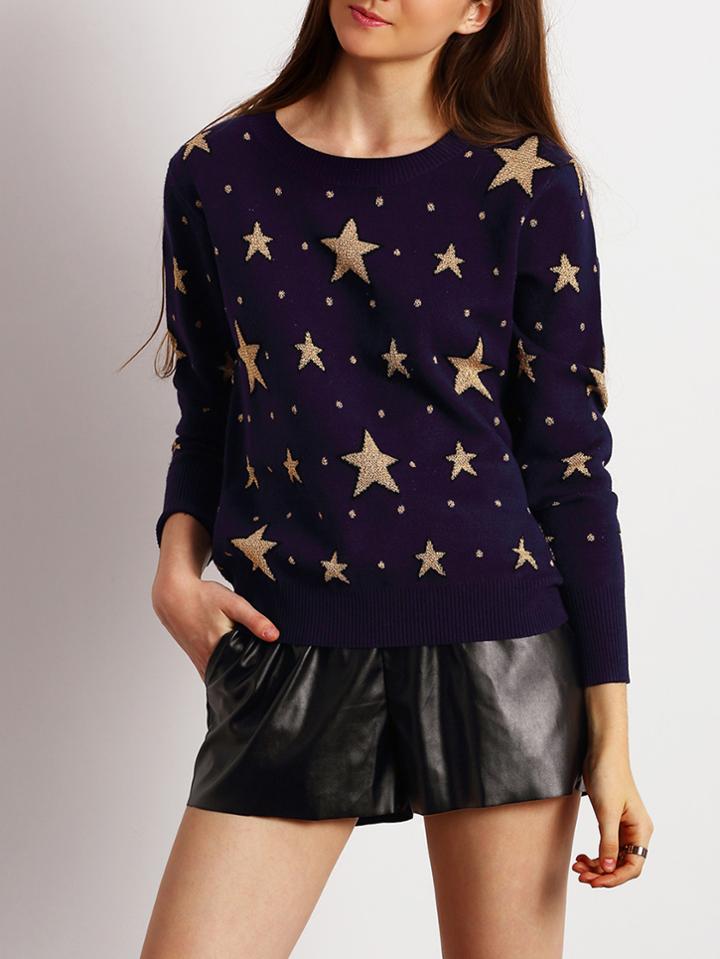 Romwe Navy Crew Neck Star Sweater