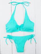 Romwe Textured Detail Lace Up Halter Bikini Set