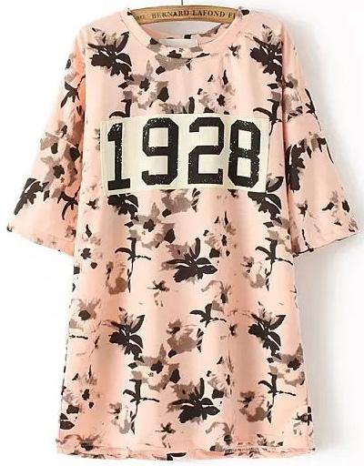 Romwe Ink Letters Print Pink T-shirt