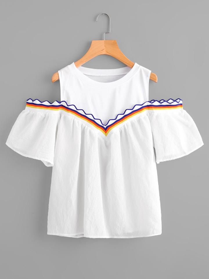 Romwe Open Shoulder Striped Chevron Trim Blouse