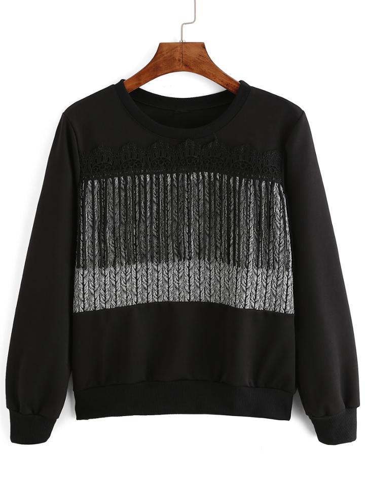 Romwe Crochet Fringe Black Sweatshirt