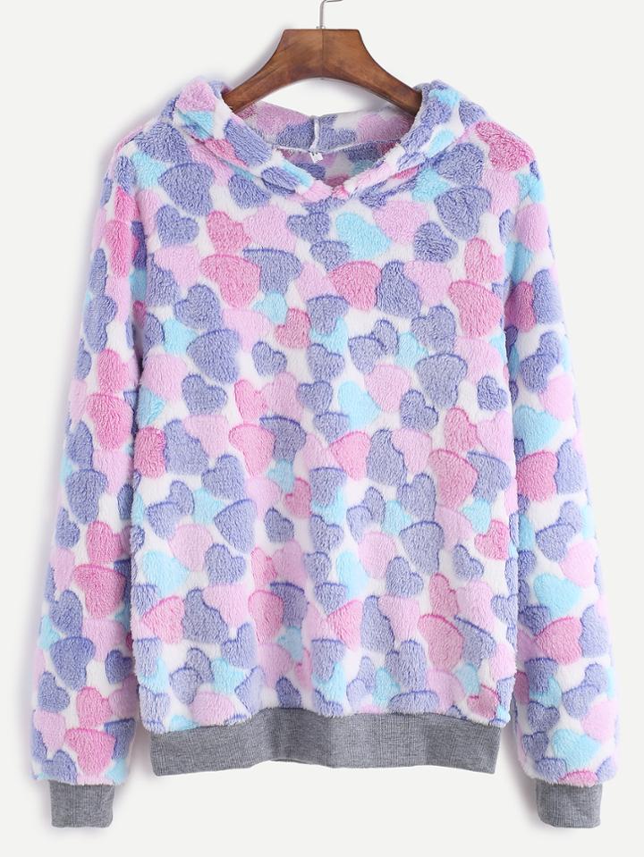 Romwe Contrast Trim Heart Pattern Hooded Fuzzy Sweatshirt