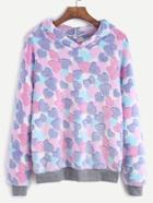 Romwe Contrast Trim Heart Pattern Hooded Fuzzy Sweatshirt