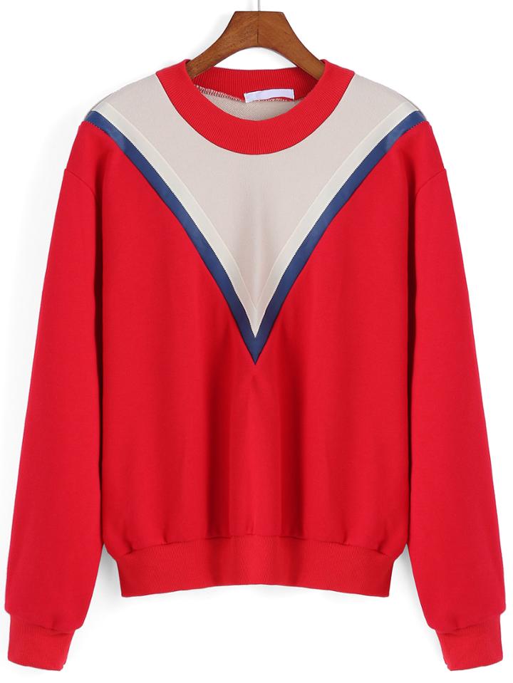 Romwe Round Neck Chevron Pattern Color-block Loose Sweatshirt