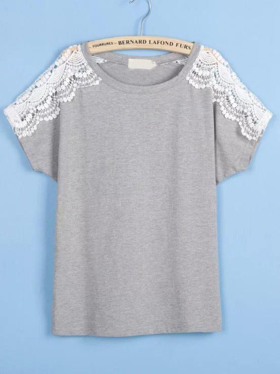 Romwe Grey Round Neck Hollow Lace T-shirt