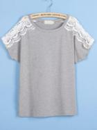 Romwe Grey Round Neck Hollow Lace T-shirt