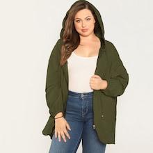 Romwe Plus Zip Up Drawstring Hooded Curved Hem Coat