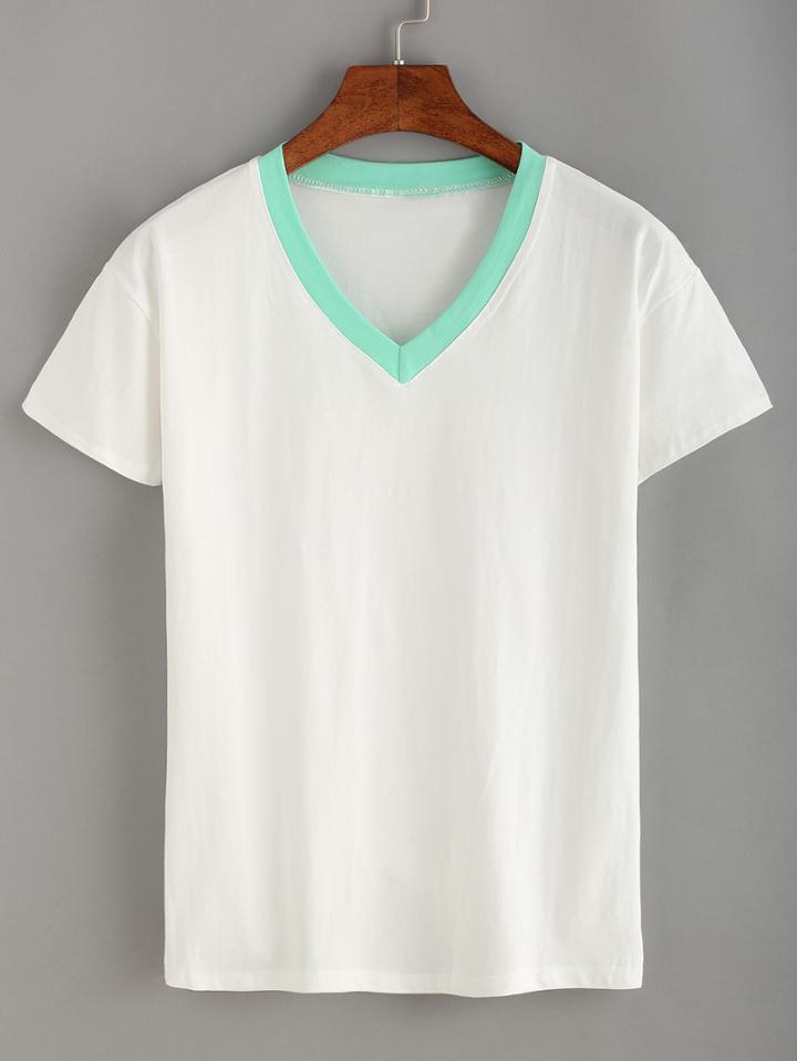 Romwe Green Round V-neck T-shirt