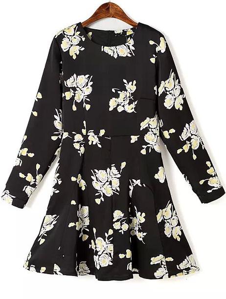 Romwe Black Round Neck Long Sleeve Floral Print A Line Dress