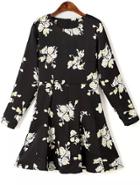 Romwe Black Round Neck Long Sleeve Floral Print A Line Dress