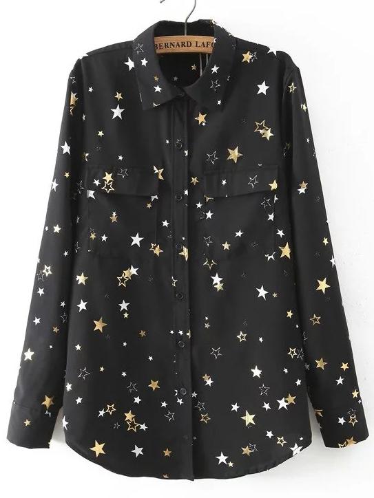 Romwe Stars Print Black Blouse With Pockets