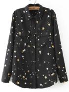 Romwe Stars Print Black Blouse With Pockets