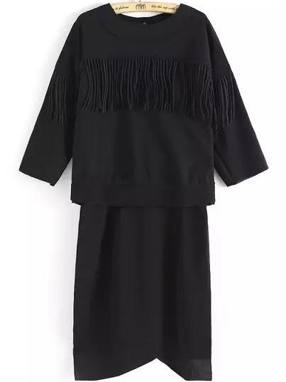 Romwe Round Neck Tassel Top With Asymmetrical Black Skirt