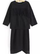Romwe Round Neck Tassel Top With Asymmetrical Black Skirt