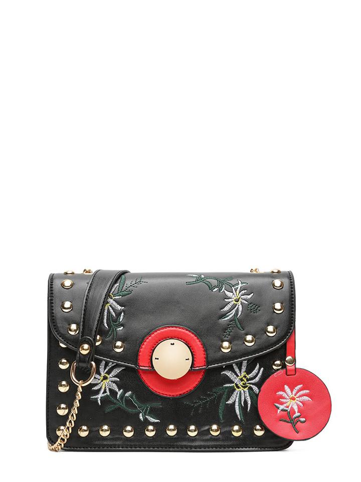 Romwe Studded Flower Embroidered Shoulder Bag