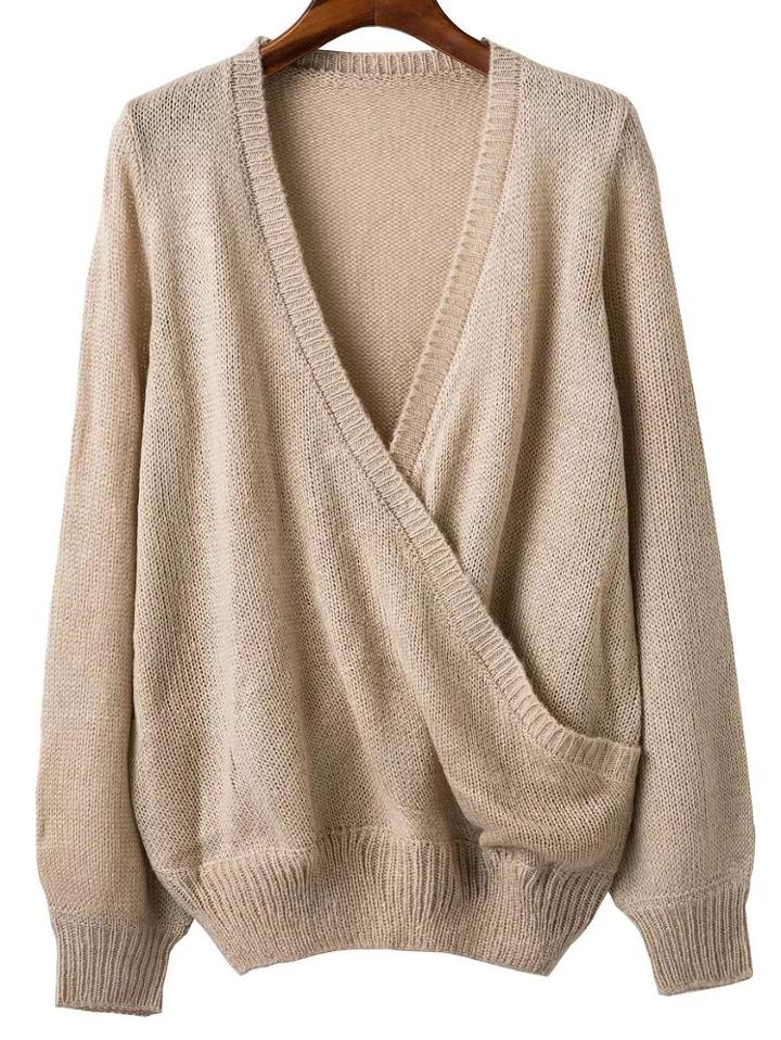 Romwe Khaki Ribbed Trim V Neck Wrap Sweater