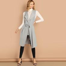 Romwe Bow Tie Waist Longline Belted Vest Coat