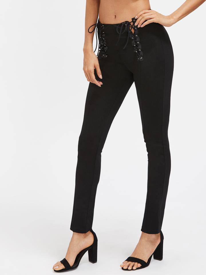 Romwe Double Eyelet Lace Up Waist Leggings