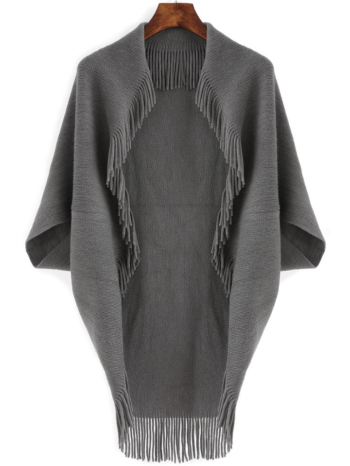 Romwe Bat Sleeve Fringe Grey Cocoon Coat
