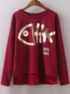 Romwe High Low Fishbone Print Thicken Burgundy T-shirt