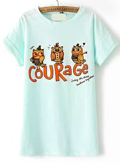 Romwe Owl Letter Print Blue T-shirt