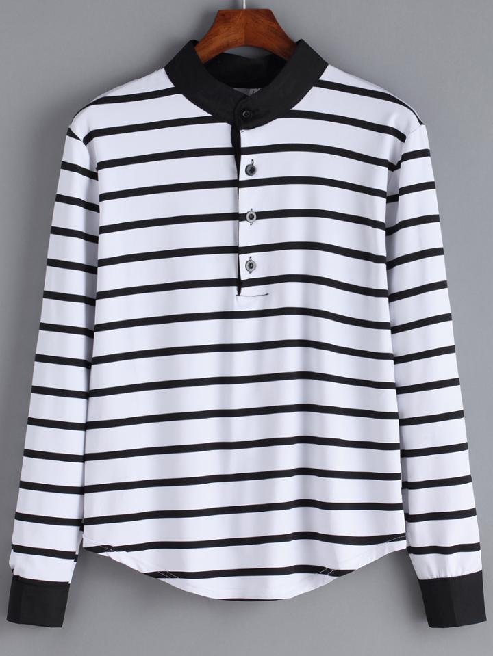 Romwe Contrast Collar Striped T-shirt