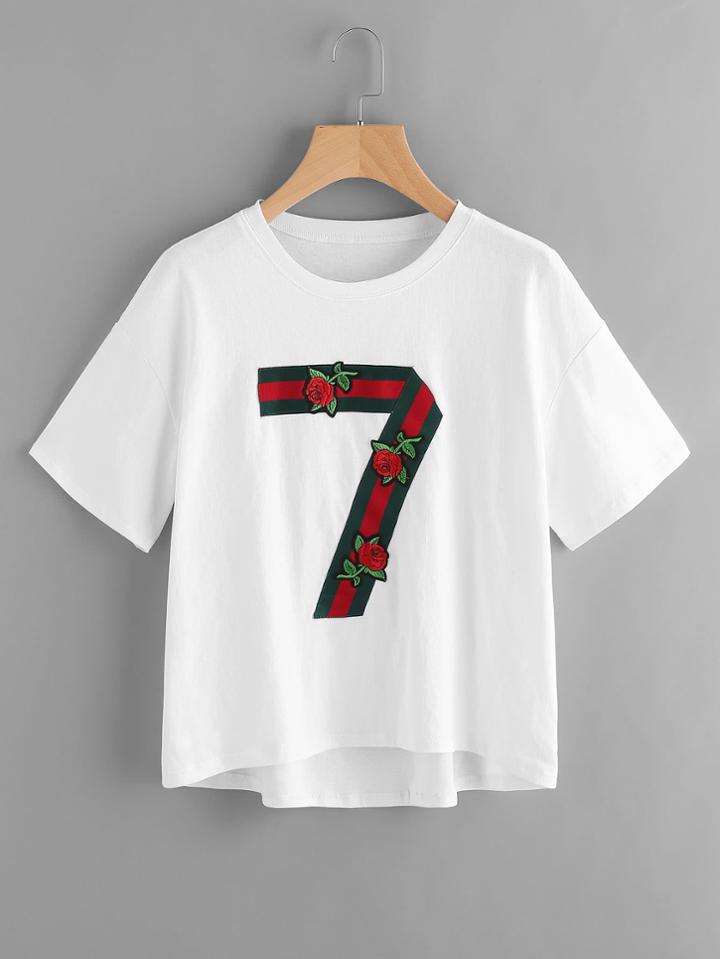 Romwe Ribbon 7 And Embroidery Rose Applique Tee
