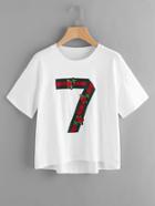 Romwe Ribbon 7 And Embroidery Rose Applique Tee