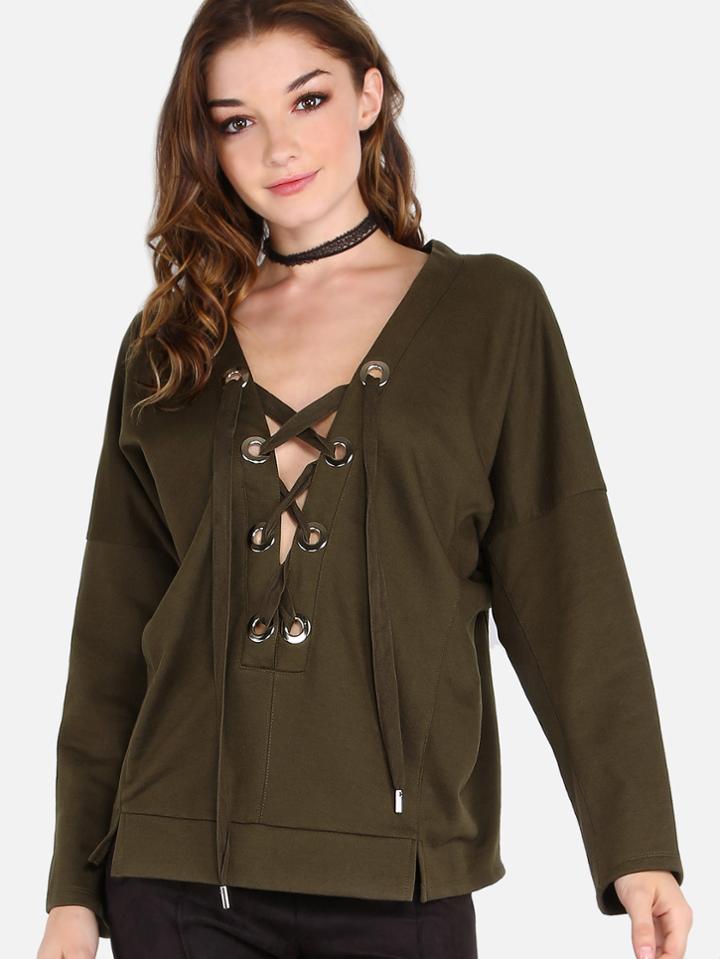 Romwe Plunging Bat Wing Lace Up Pullover Top Olive