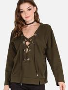 Romwe Plunging Bat Wing Lace Up Pullover Top Olive