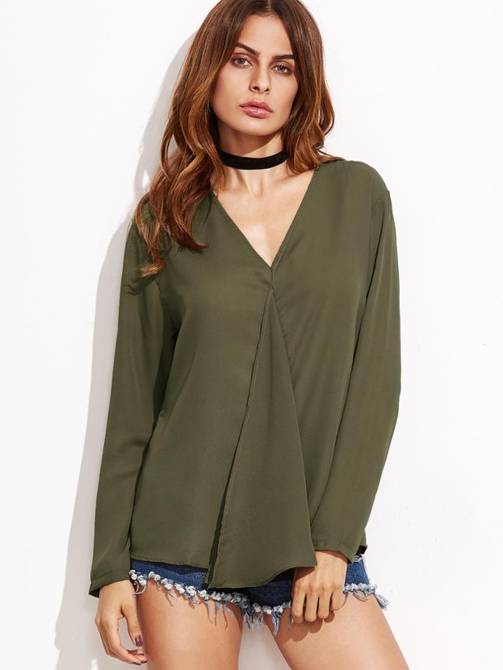 Romwe Army Green V Neck Blouse