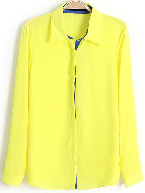 Romwe Lapel Buttons Chiffon Yellow Blouse