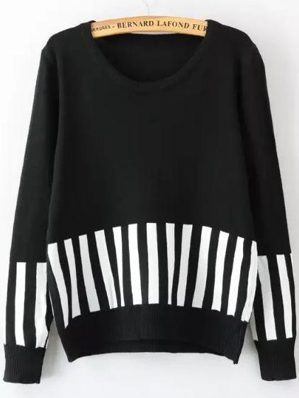 Romwe Long Sleeve Vertical Striped Black Sweater